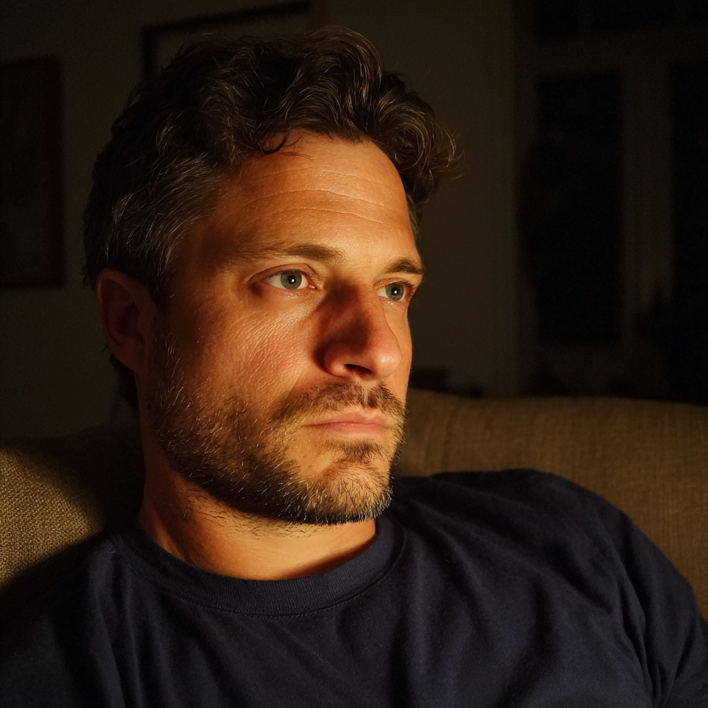 Un homme inquiet assis sur un canapé | Source : Midjourney