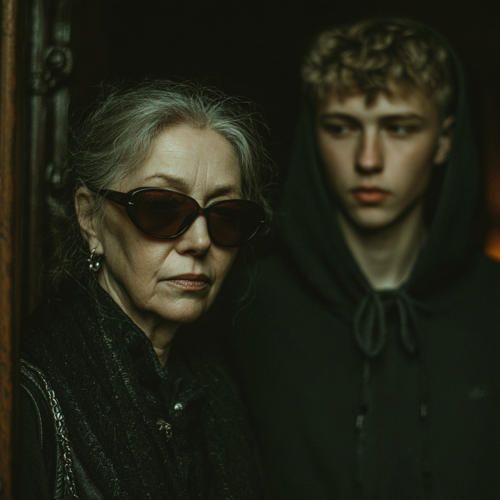 Une femme sérieuse et son fils debout à l'entrée de son manoir | Source : Midjourney