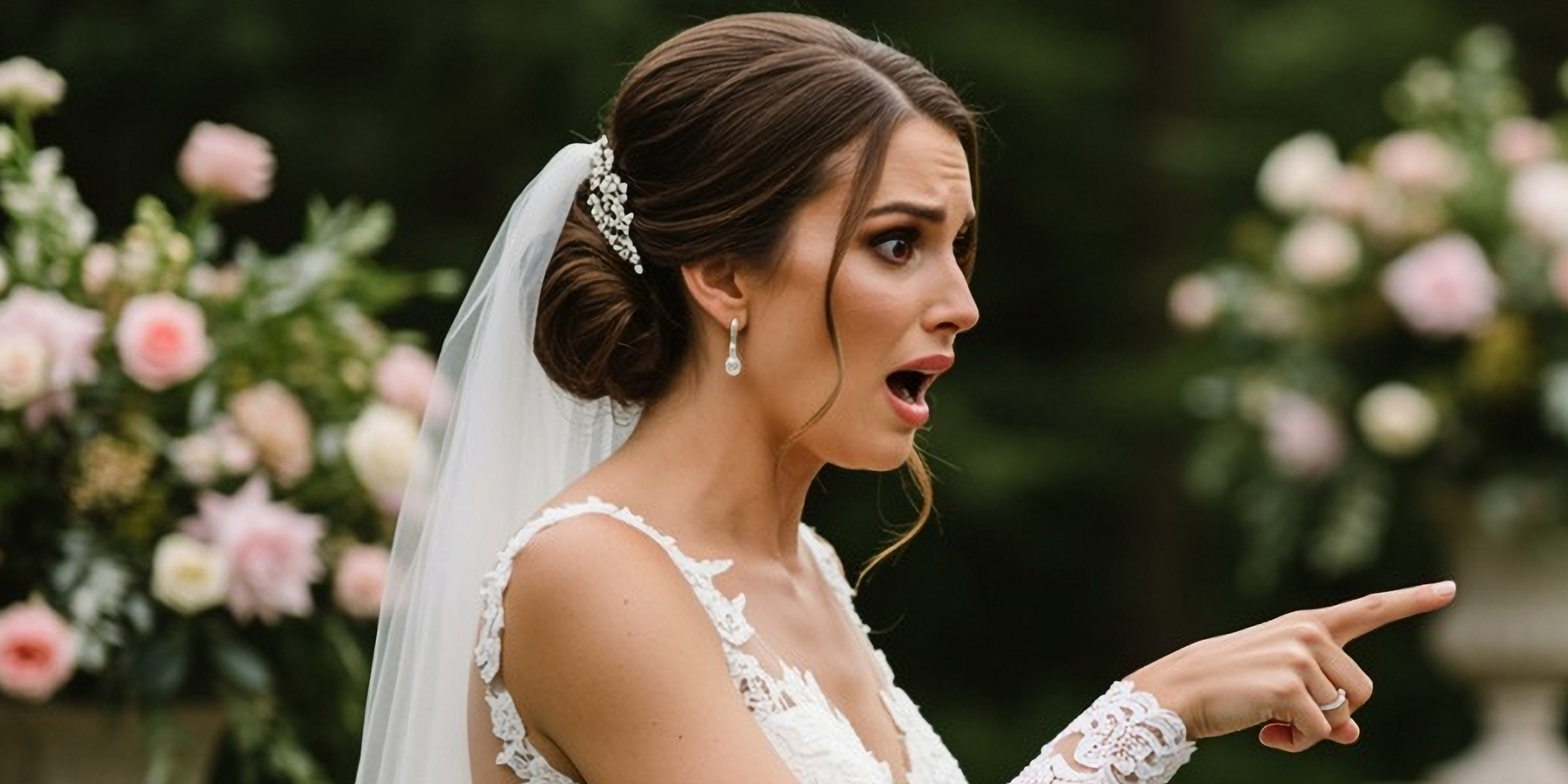 Une mariée choquée montrant quelque chose du doigt | Source : Shutterstock
