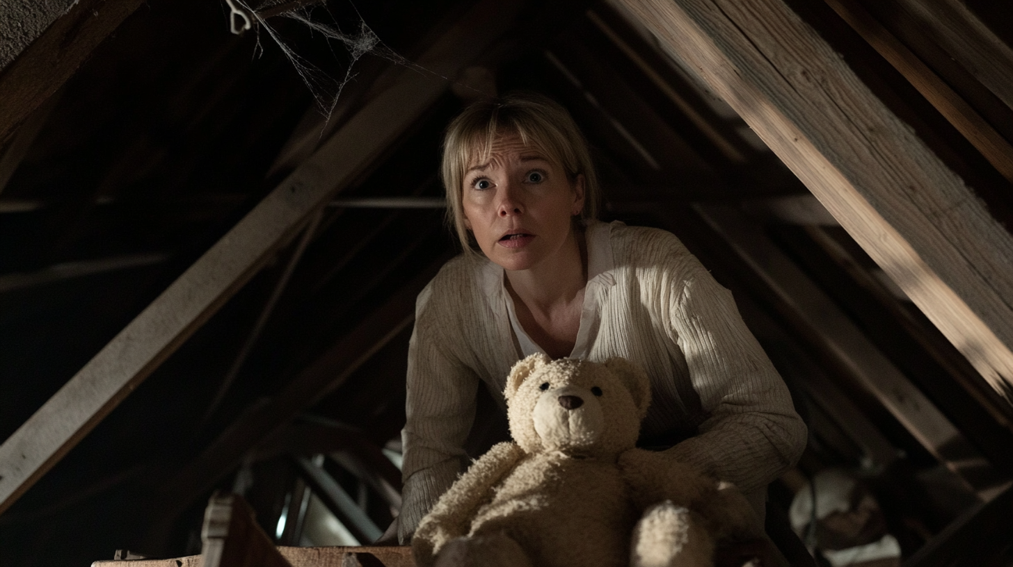 Femme confuse avec un ours en peluche grimpant dans le grenier | Source : Midjourney