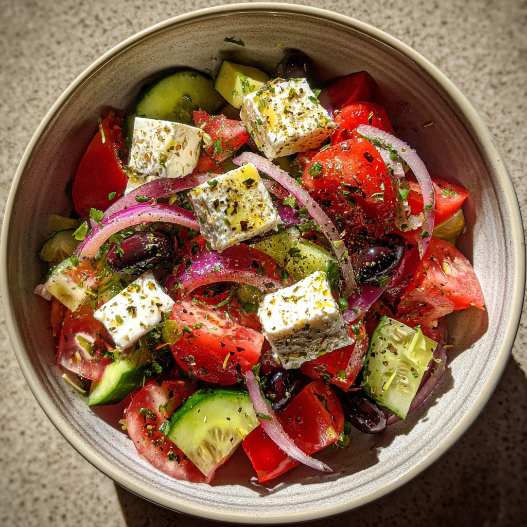 Une salade grecque sur un comptoir de cuisine | Source : Midjourney