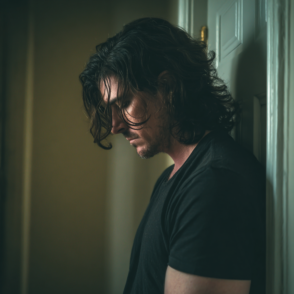 Un homme bouleversé appuyé contre une porte | Source : Midjourney