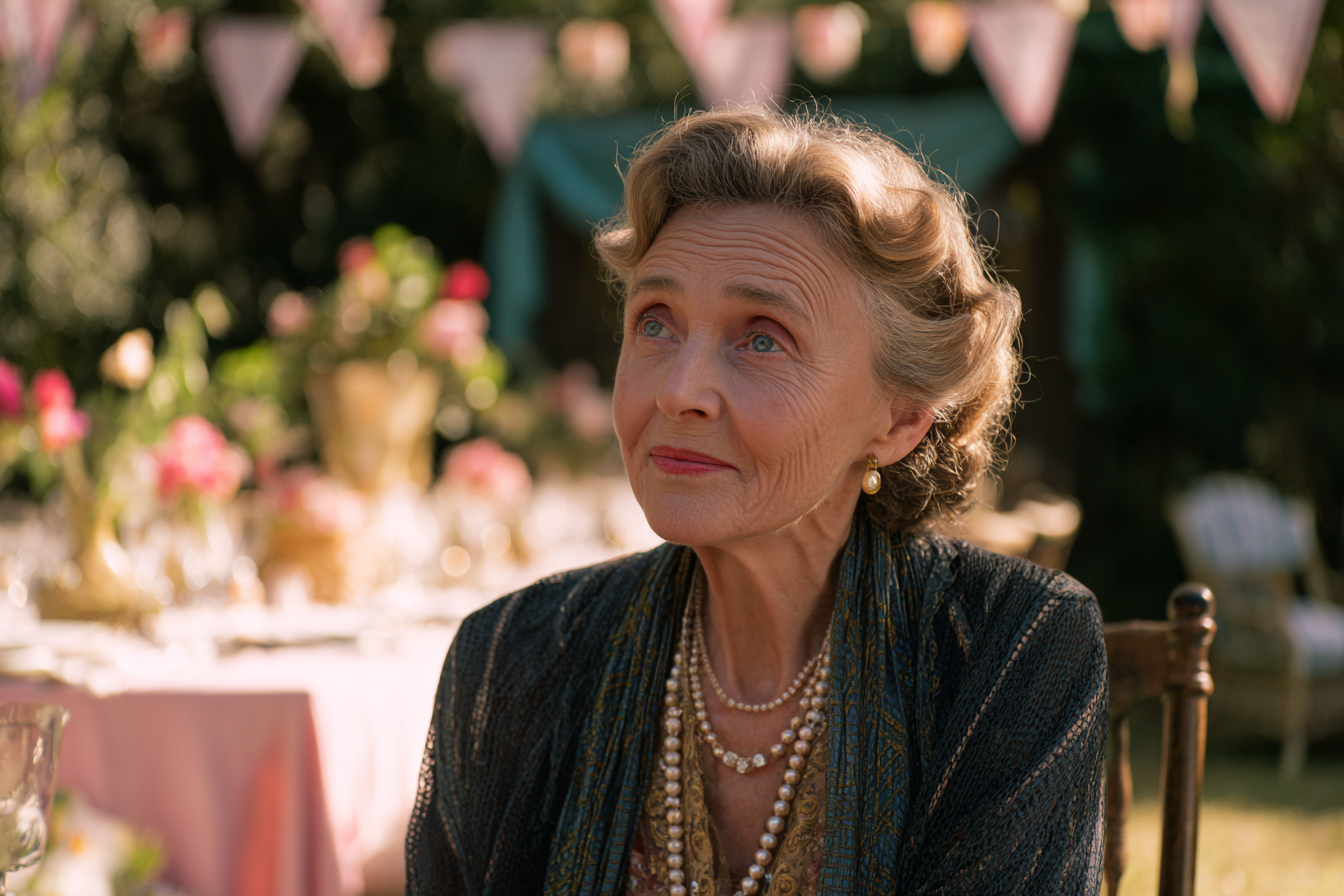 Une femme âgée assise dans une arrière-cour | Source : Midjourney