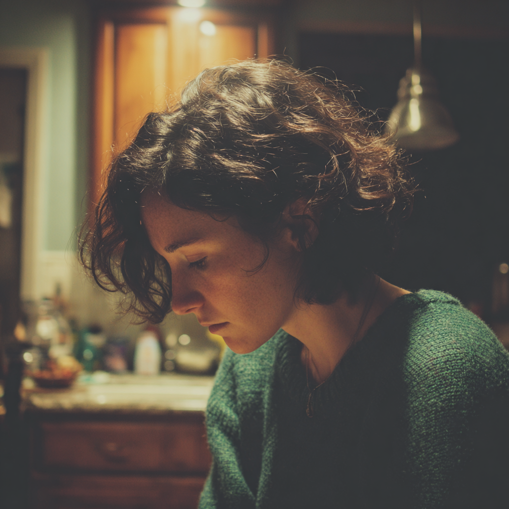 Une femme émotive qui regarde ses genoux | Source : Midjourney
