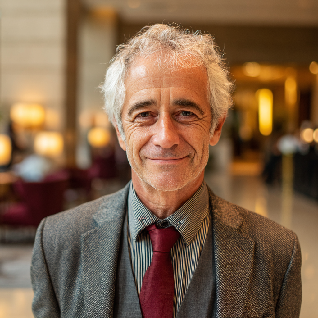 Un homme âgé souriant en costume gris | Source : Midjourney