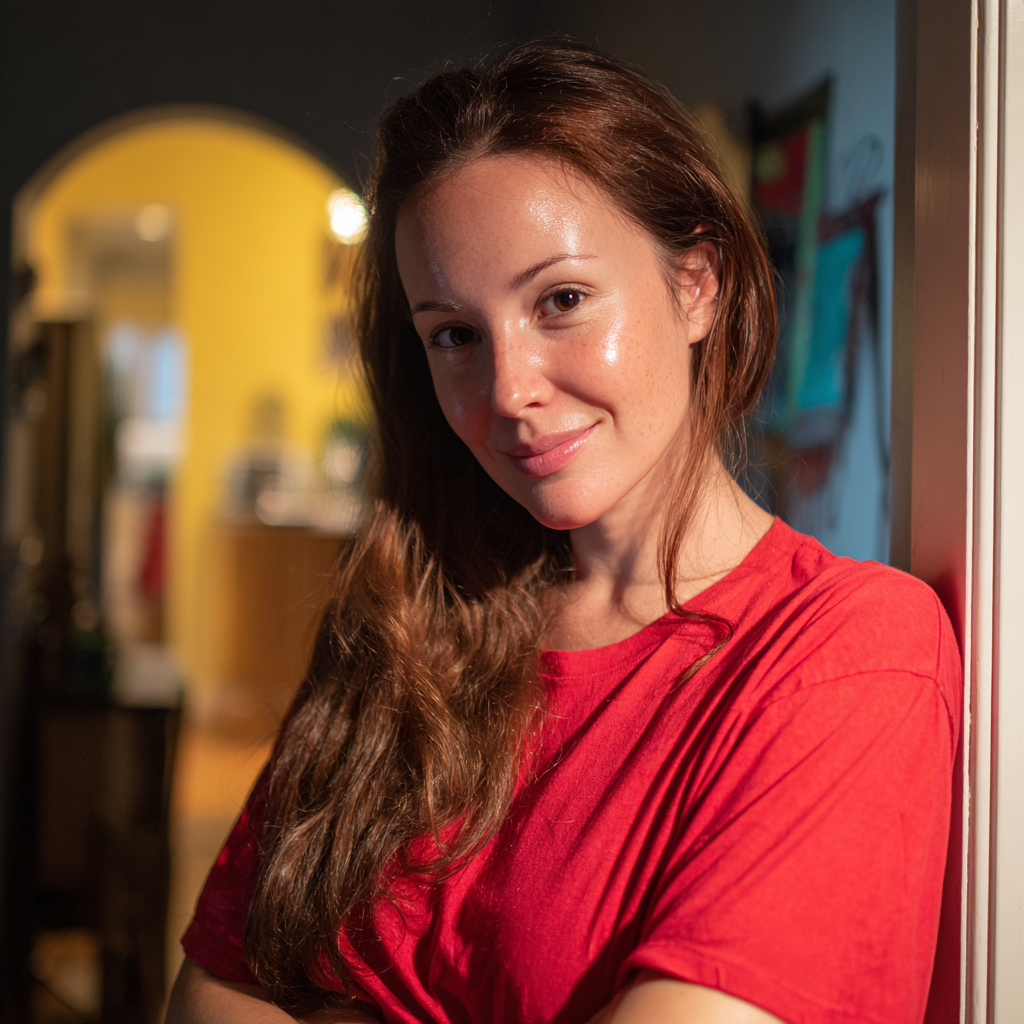 Une femme souriante adossée au chambranle d'une porte | Source : Midjourney