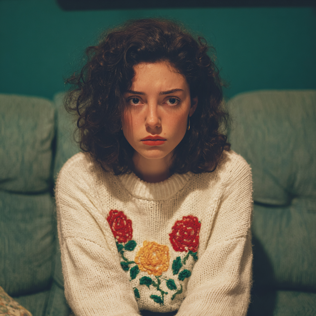 Une femme agacée avec un pull blanc | Source : Midjourney