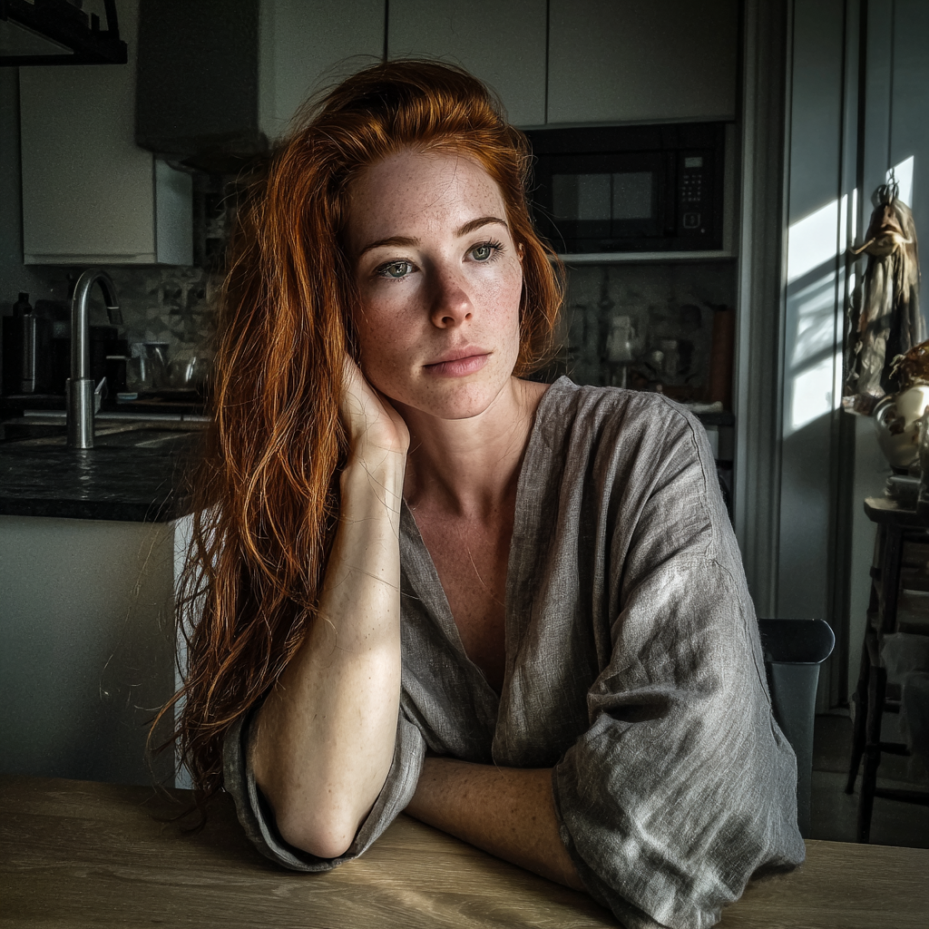 Une femme contrariée assise à une table de cuisine | Source : Midjourney
