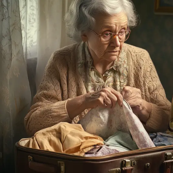 Une femme âgée choquée alors qu'elle examine des vêtements dans une valise ouverte | Source : Midjourney