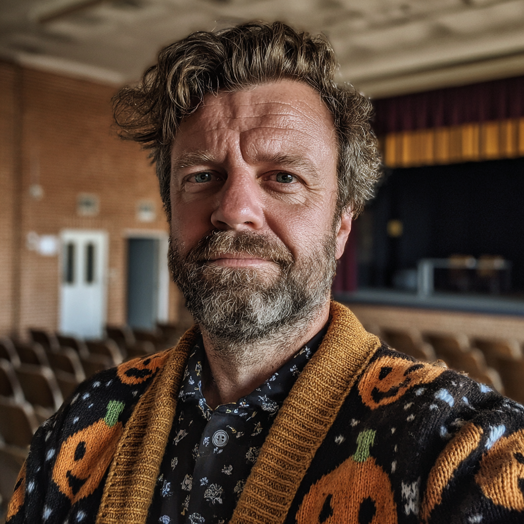 Une enseignante souriante portant un gilet en forme de citrouille | Source : Midjourney