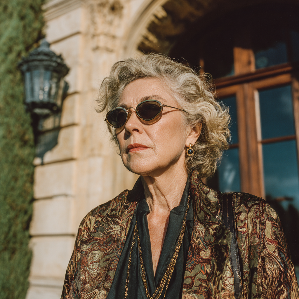 Une femme sérieuse debout devant la porte de sa maison | Source : Midjourney