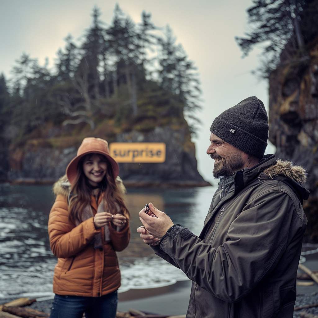 Une femme sourit en recevant les alliances d'un homme | Source : Midjourney