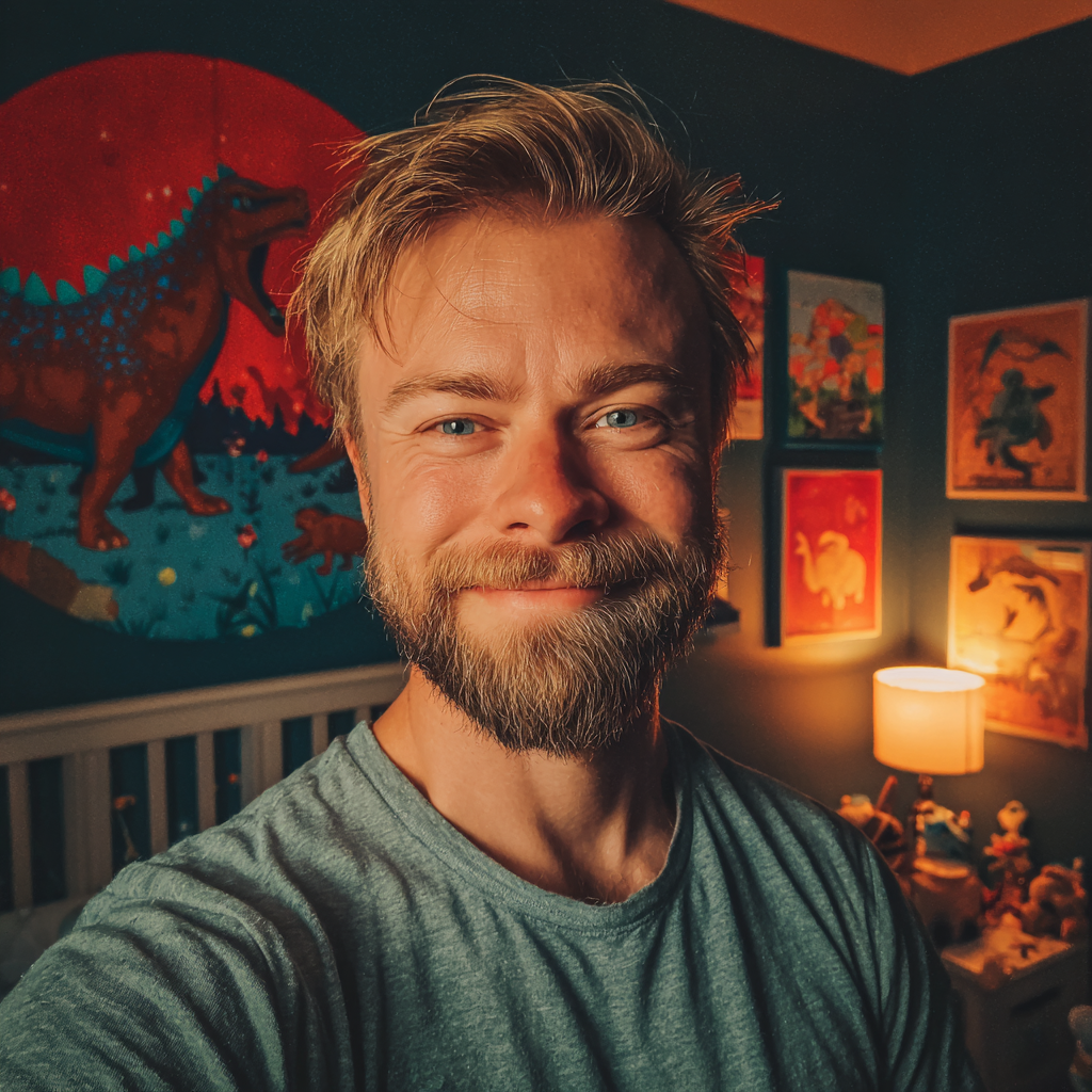 Un homme souriant debout dans la chambre de son fils | Source : Midjourney