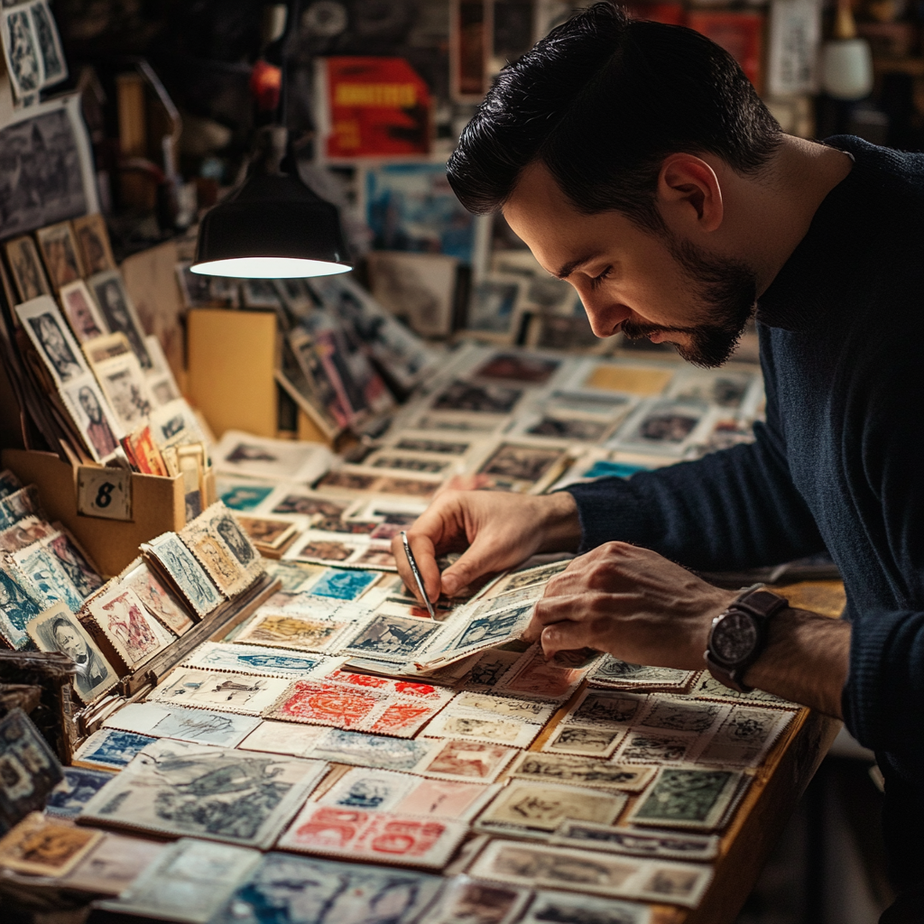 Un collectionneur de timbres absorbé par son travail | Source : Midjourney