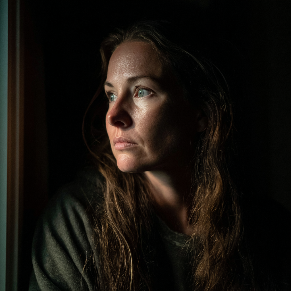 Une femme alarmée qui regarde par la fenêtre la nuit | Source : Midjourney