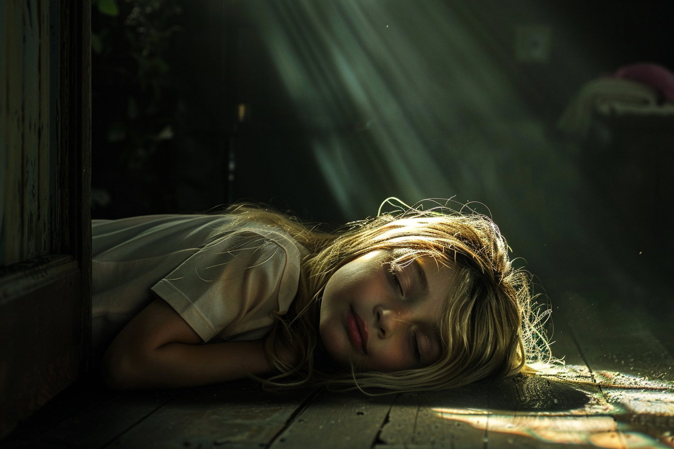 Une petite fille qui dort sur le sol | Source : Midjourney