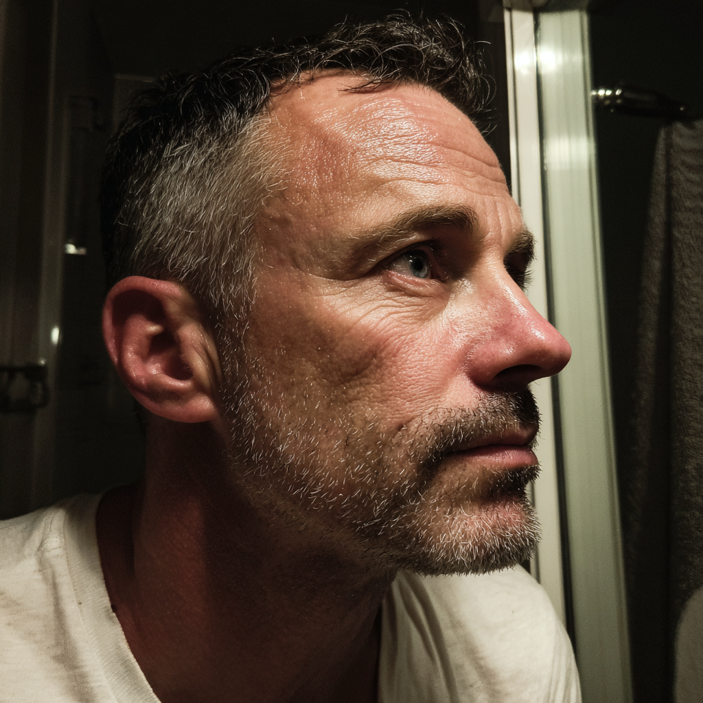 Un homme pensif debout dans une salle de bain | Source : Midjourney