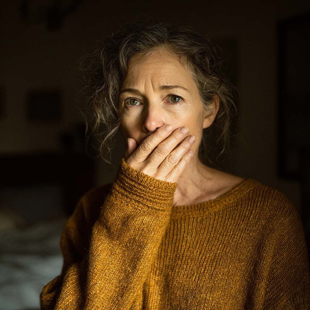 Une femme choquée se tenant dans une chambre à coucher avec une main sur sa bouche | Source : Midjourney