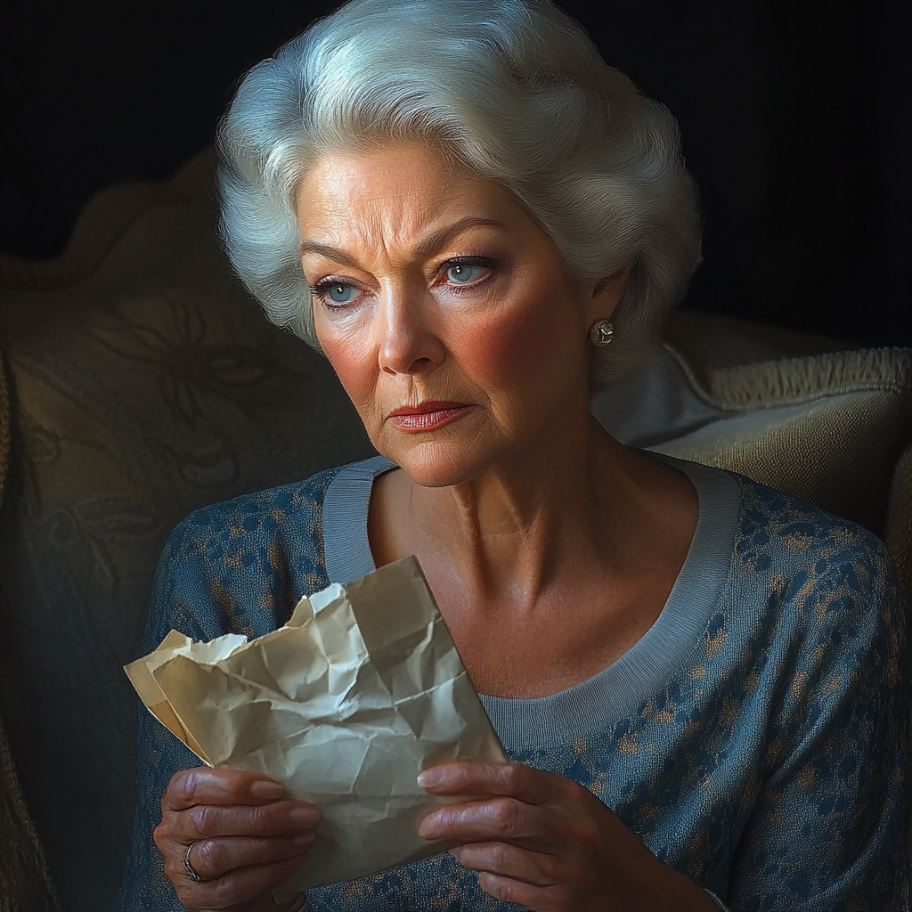 Une femme âgée triste tenant une lettre froissée | Source : Midjourney