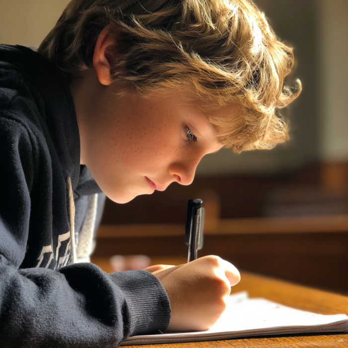 Un adolescent écrit quelque chose sur un cahier dans une salle d'audience | Source : Midjourney