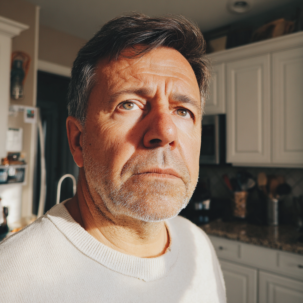Gros plan d'un homme âgé debout dans une cuisine | Source : Midjourney