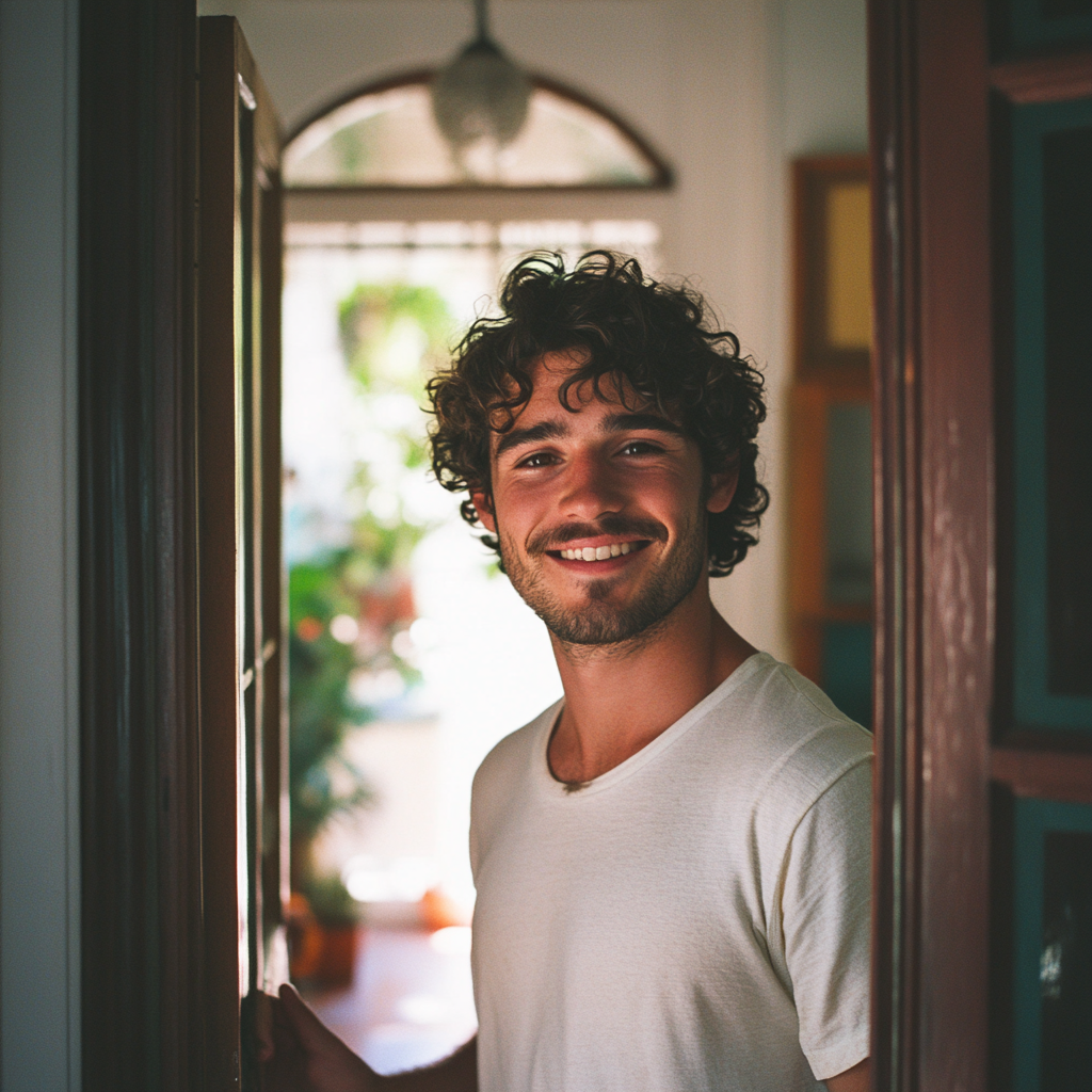 Un homme qui tient sa porte ouverte | Source : Midjourney