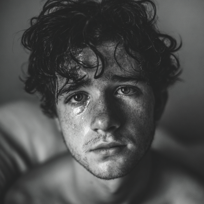 Une photo en niveaux de gris d'un homme aux yeux pleins de larmes | Source : Midjourney