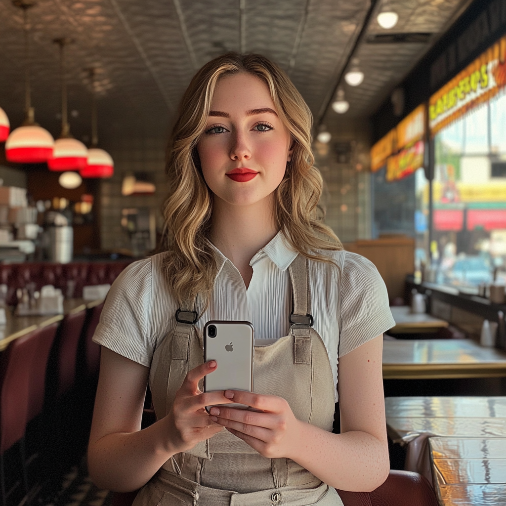 Une serveuse tenant son téléphone | Source : Midjourney