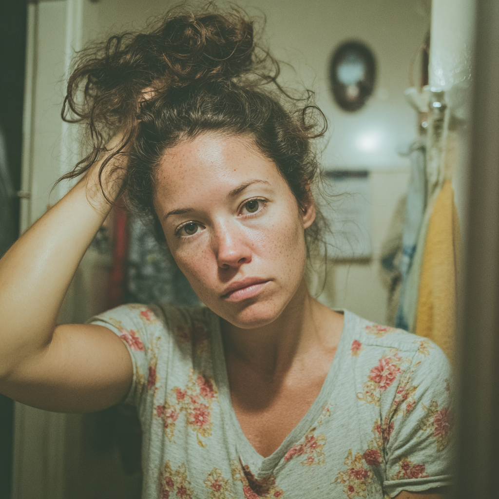 Une femme échevelée et malheureuse qui regarde son reflet | Source : Midjourney