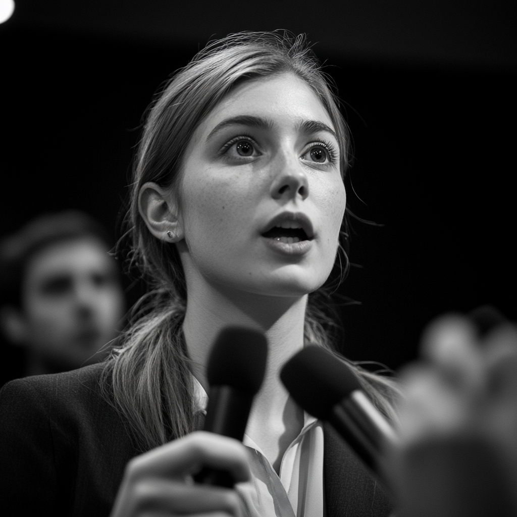 Une jeune femme à une conférence de presse | Source : Midjourney