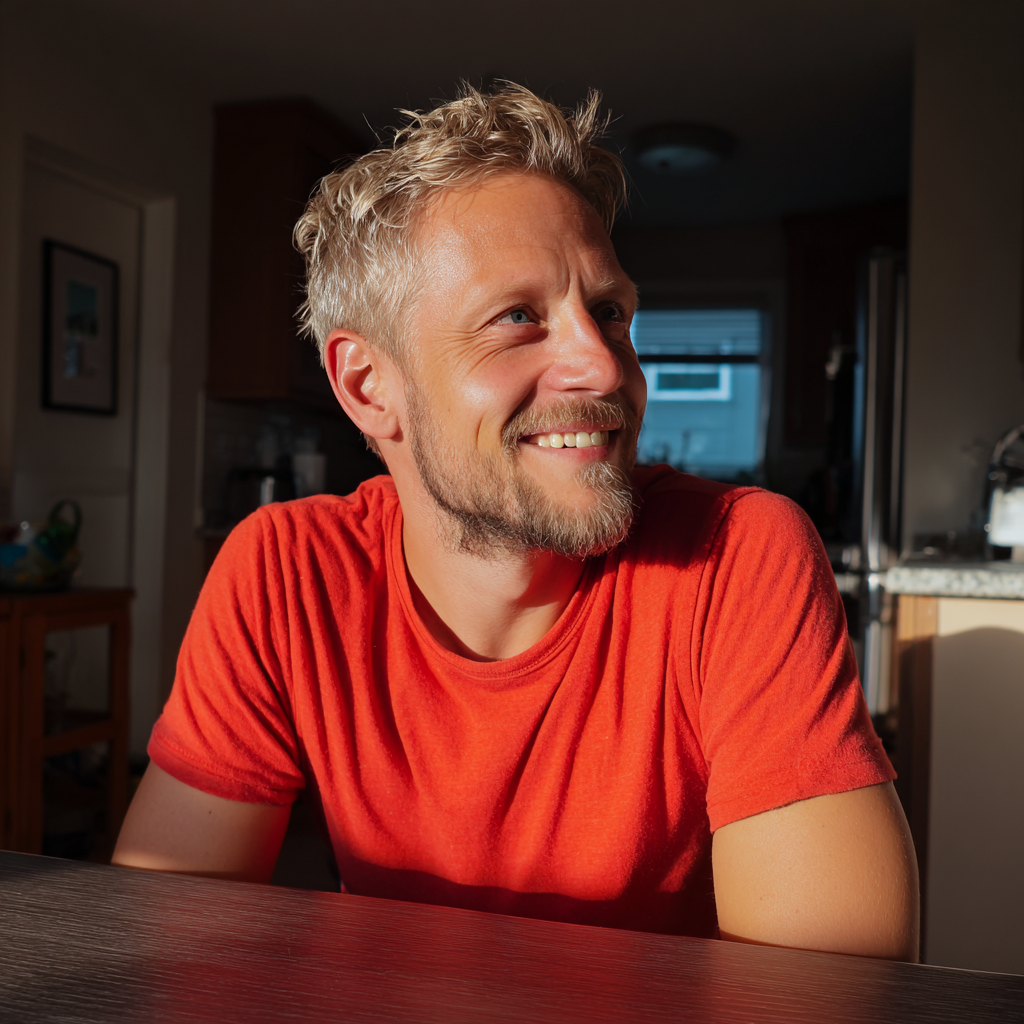 Un homme souriant assis à une table de cuisine | Source : Midjourney