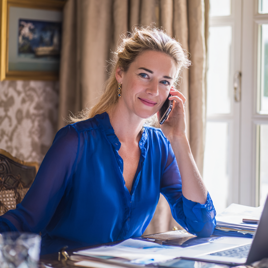 Une femme souriante qui parle au téléphone | Source : Midjourney