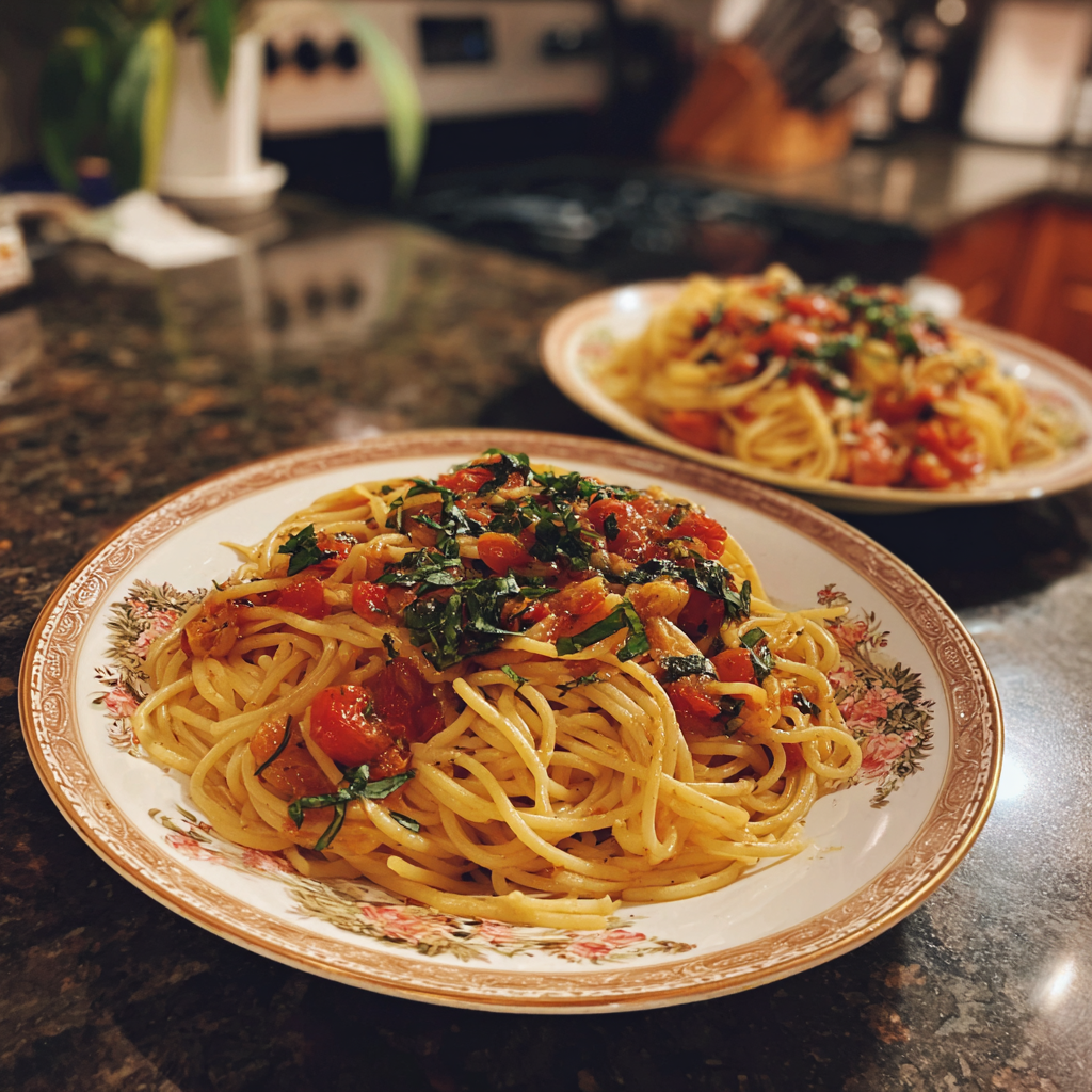 Deux assiettes de pâtes sur un comptoir de cuisine | Source : Midjourney