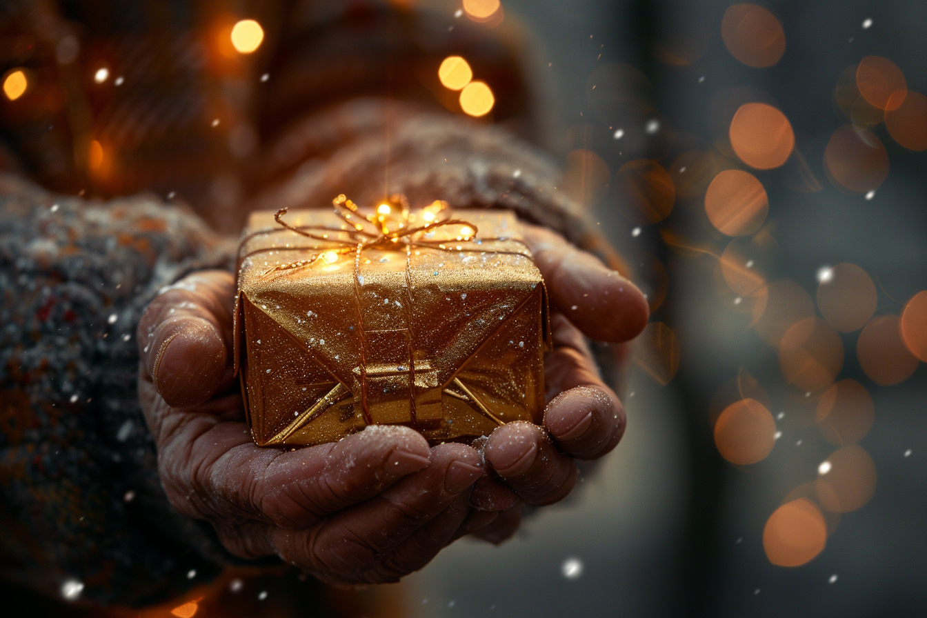 Homme âgé tenant un paquet cadeau pailleté | Source : Midjourney