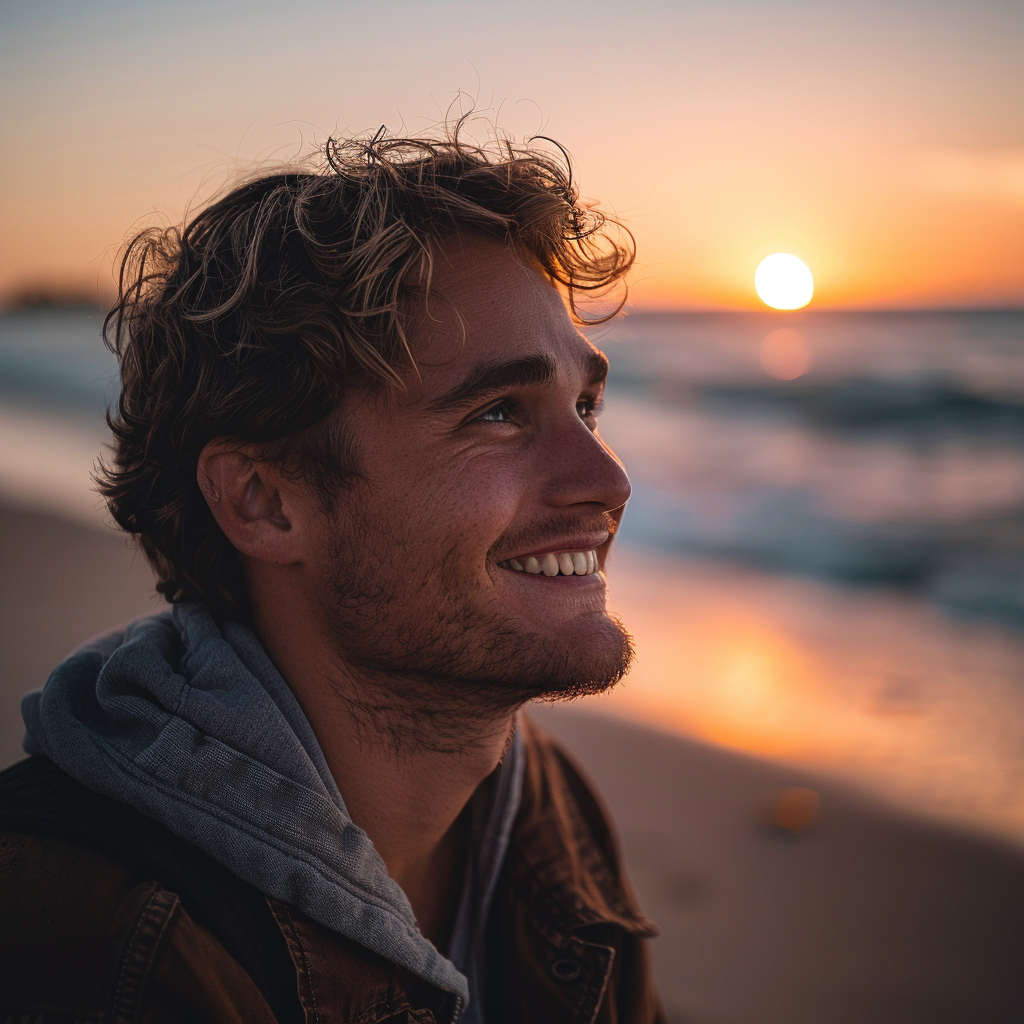 Un homme sourit sur une plage | Source : Midjourney