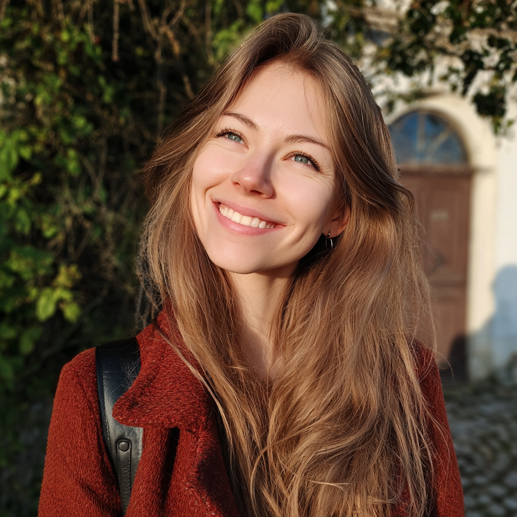 Une femme souriante avec un manteau rouge | Source : Midjourney