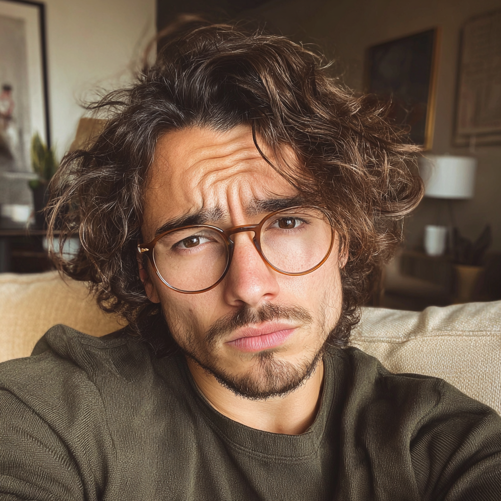 Un homme qui fronce les sourcils, assis sur un canapé | Source : Midjourney