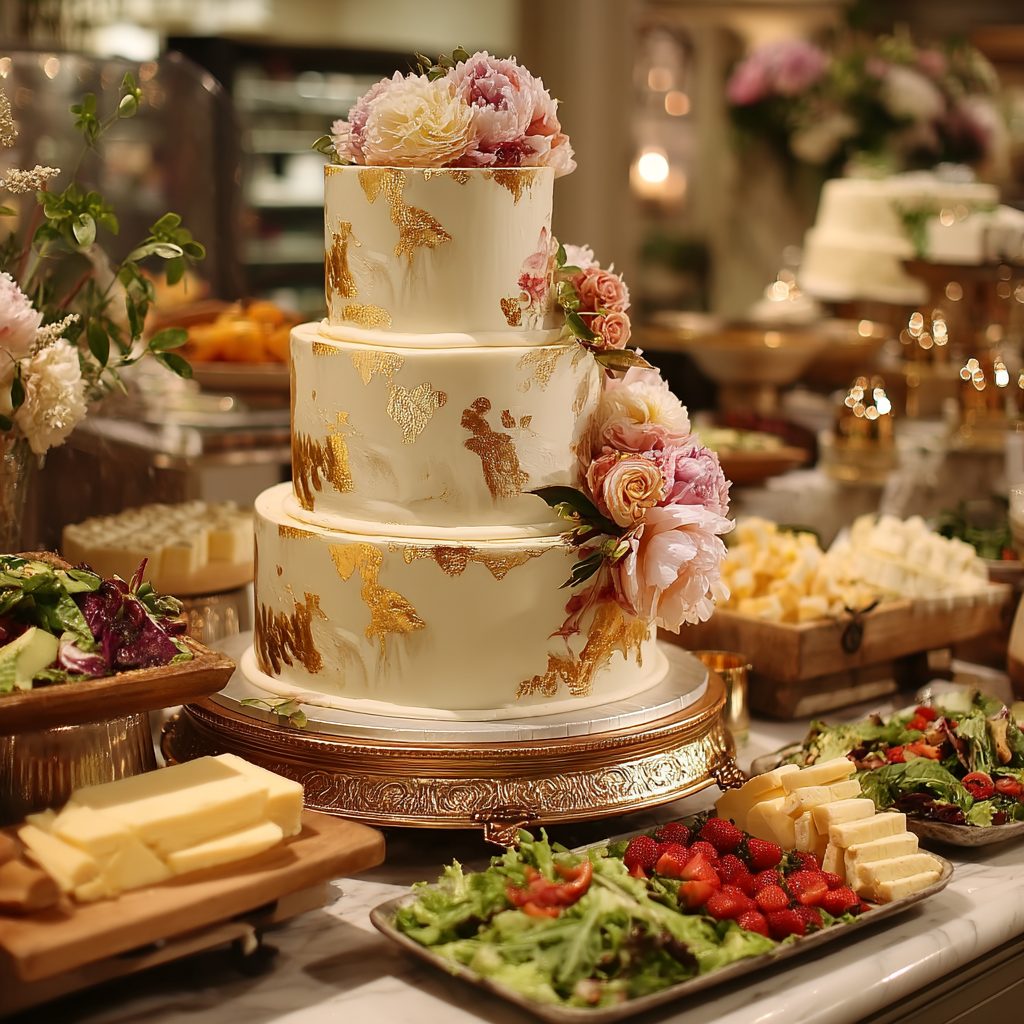 Un gâteau de mariage rangé avec d'autres plats | Source : Midjourney