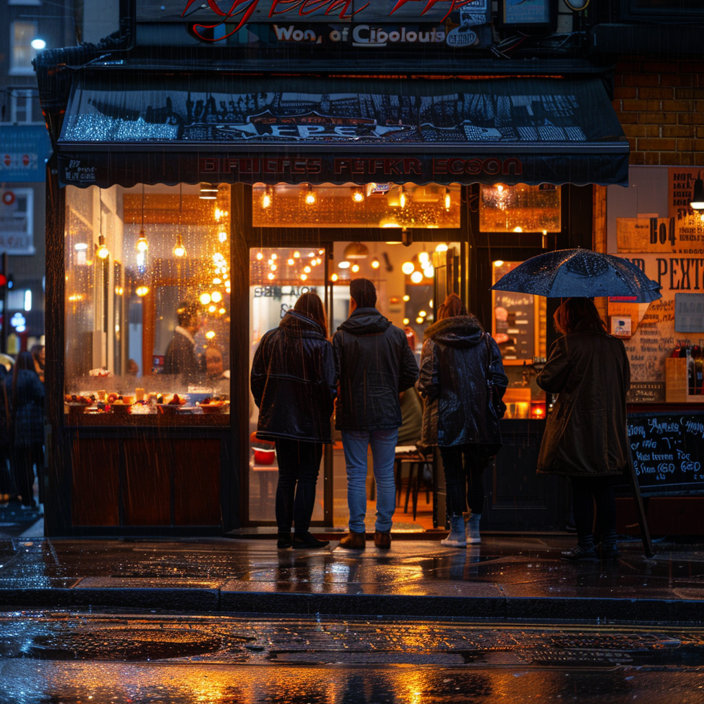 Des personnes se tiennent devant un restaurant sous une pluie battante | Source : Midjourney