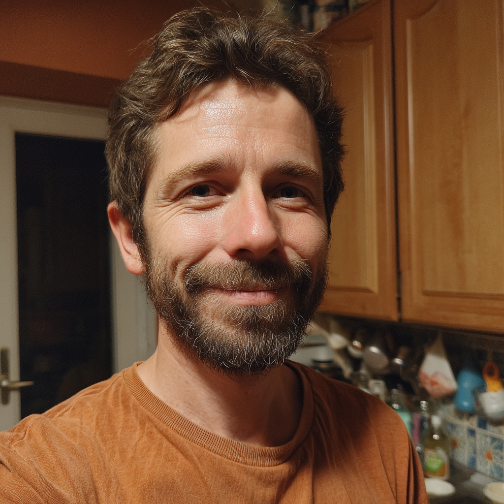Un homme souriant dans une cuisine | Source : Midjourney