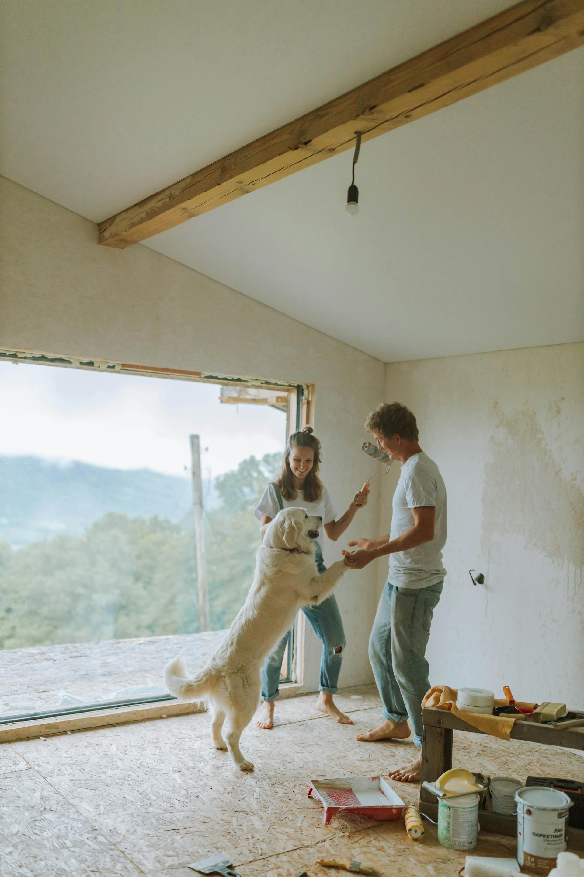 Un couple qui joue avec son chien tout en faisant des rénovations | Source : Pexels