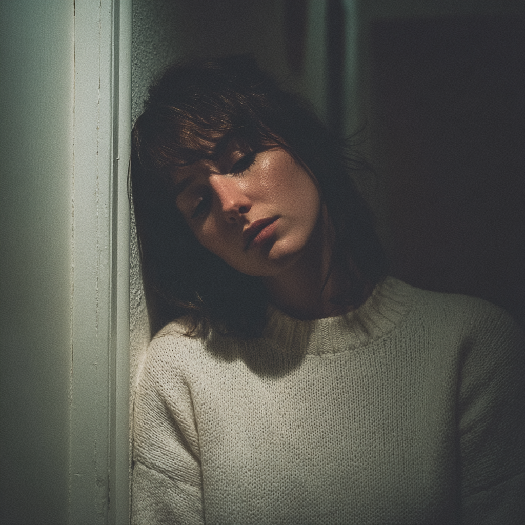 Une femme adossée à un mur la nuit | Source : Midjourney