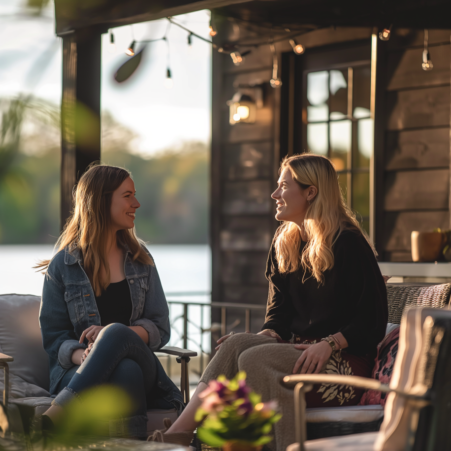 Deux femmes assises devant leur maison au bord du lac et qui discutent | Source : Midjourney