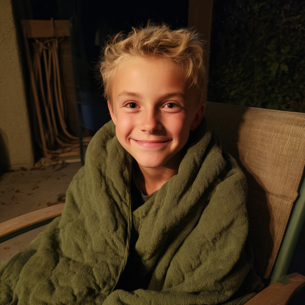 Un petit garçon souriant enveloppé dans un édredon vert | Source : Midjourney