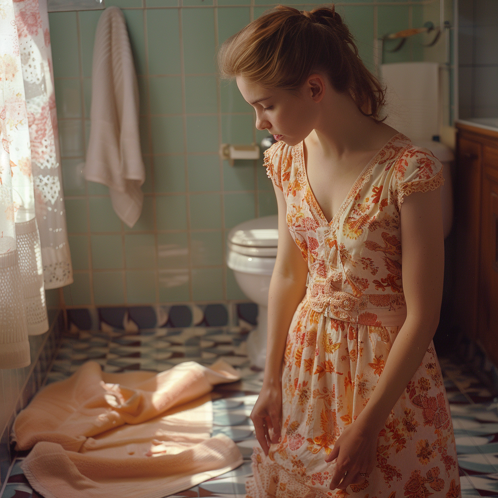 Une femme regarde deux serviettes mouillées sur le sol d'une salle de bain | Source : Midjourney