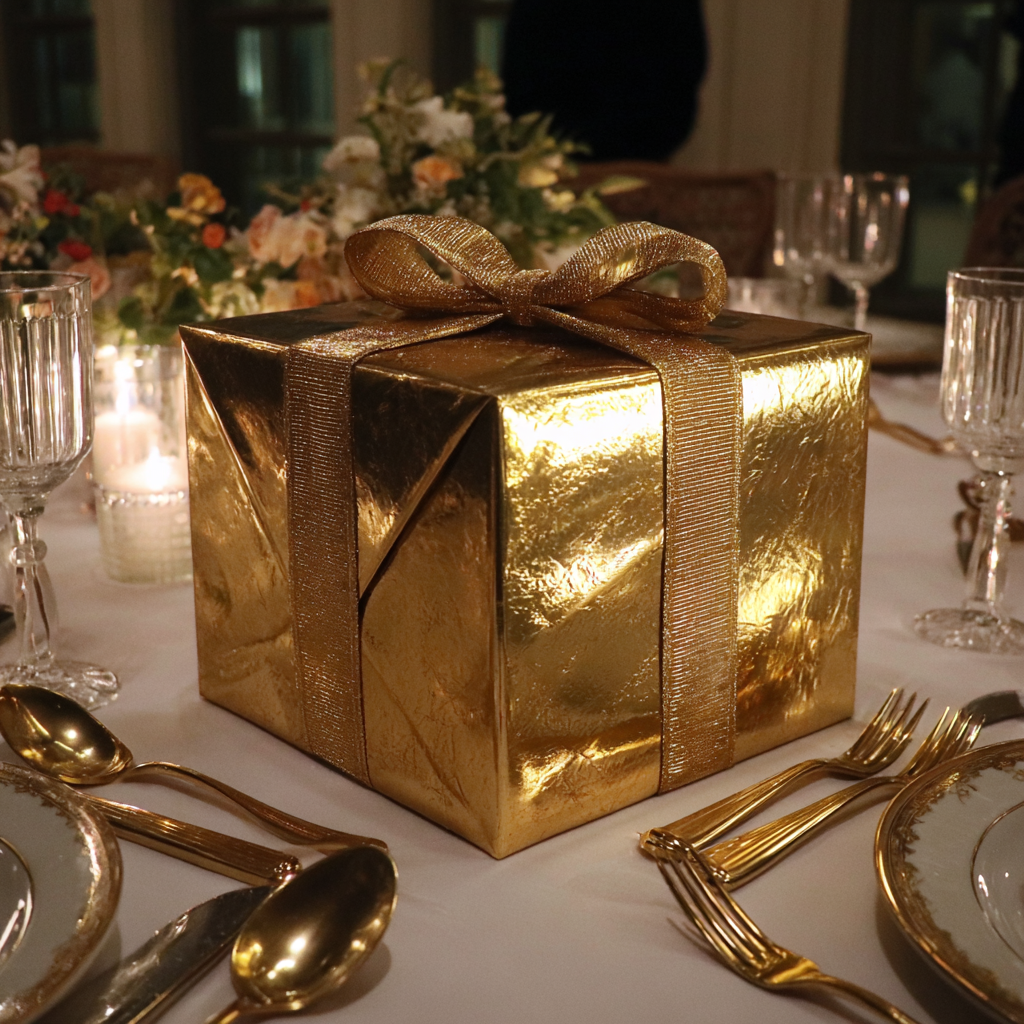 Une boîte enveloppée d'or sur une table | Source : Midjourney