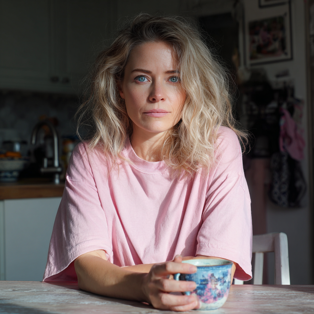 Une femme pensive assise à une table | Source : Midjourney