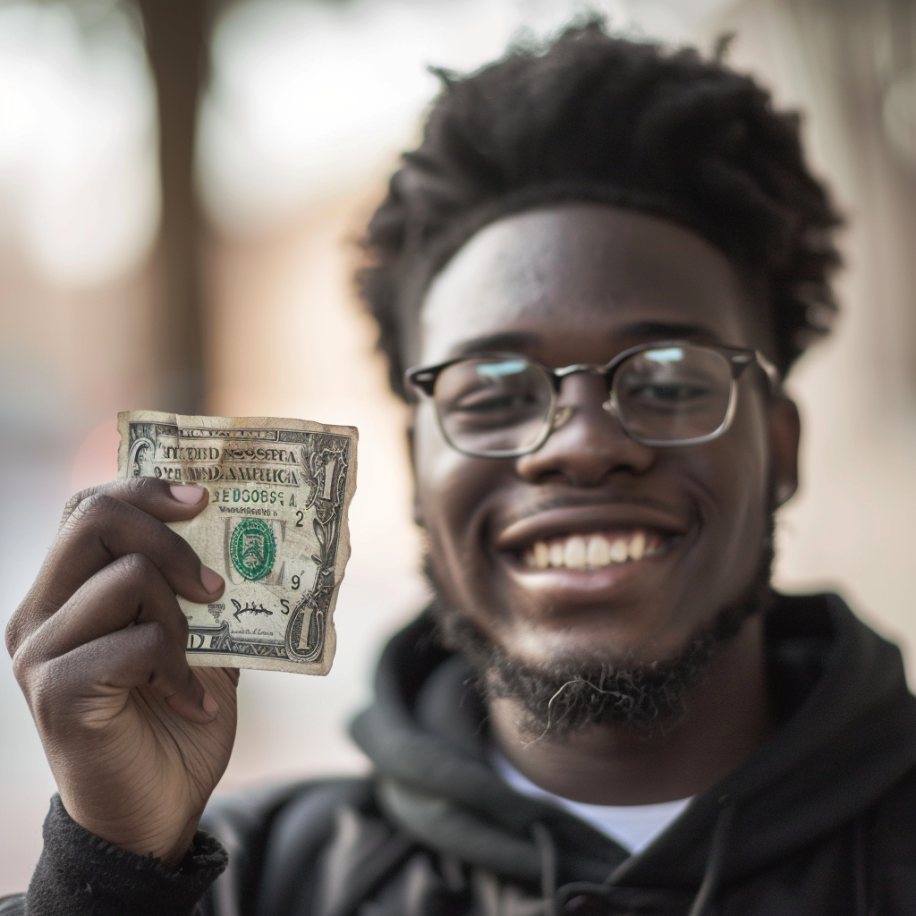 Un homme tenant un billet d'un dollar froissé | Source : Midjourney