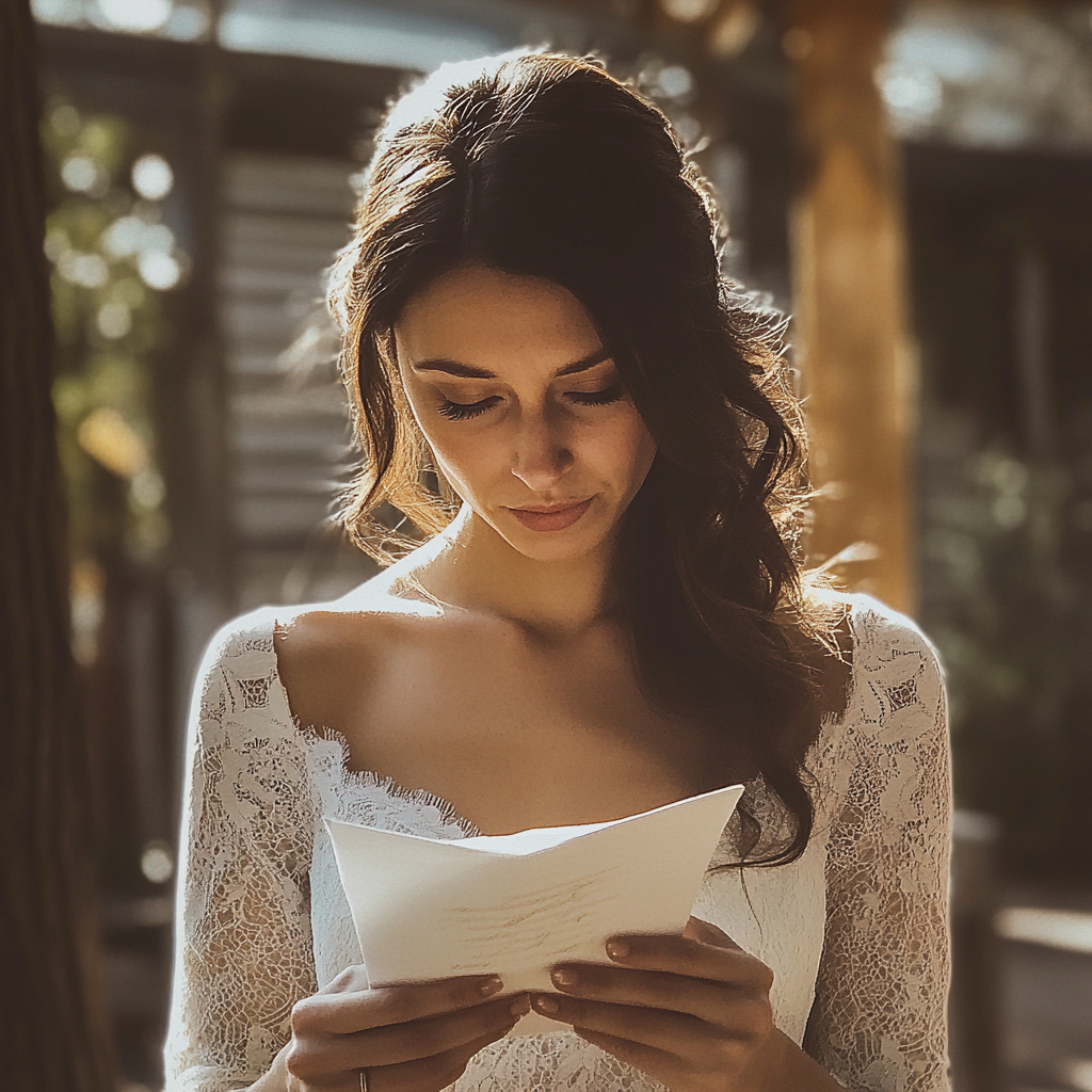 Une mariée lisant une lettre | Source : Midjourney