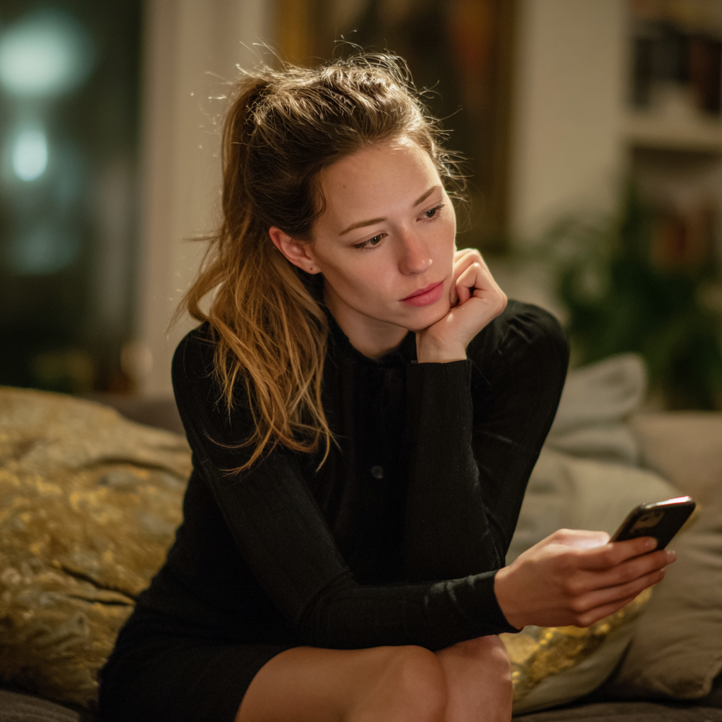 Une jeune femme assise sur un canapé et utilisant son téléphone portable | Source : Midjourney